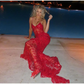 Red Spaghetti Straps Lace Beading Gorgeous Mermaid Evening Dress, DP2260