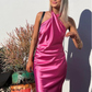 Hot Pink Cross Neck Halter Backless Satin Party Dress, DP2301