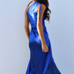 Royal Blue One Shoulder Satin Cut Out Party Dress with Slit, DP2333