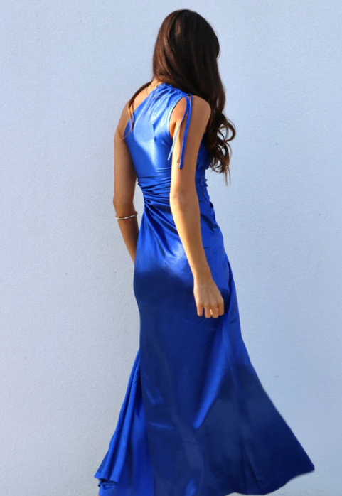 Royal Blue One Shoulder Satin Cut Out Party Dress with Slit, DP2333