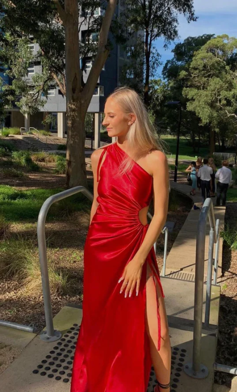 Red Satin One Shoulder Elegant Party Dress with Slit, DP2336
