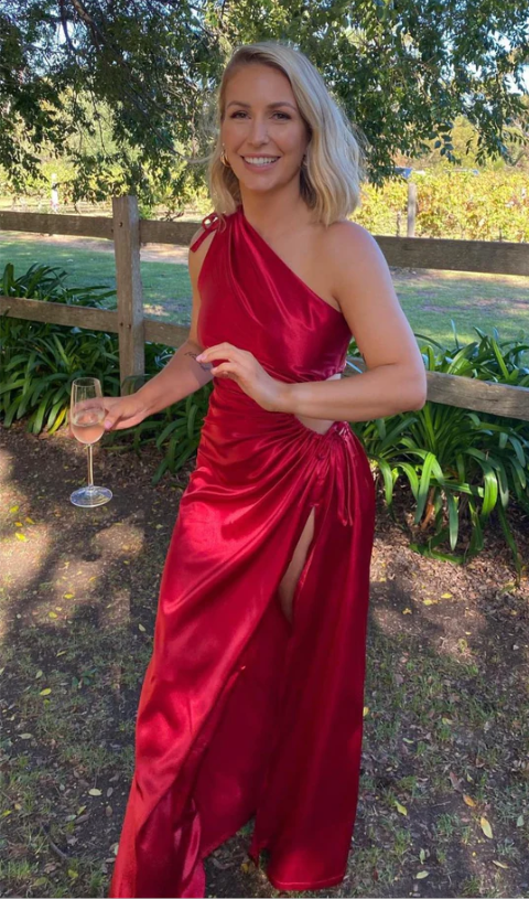 Red Satin One Shoulder Elegant Party Dress with Slit, DP2336