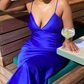 Royal Blue Spaghetti Straps Satin Simple Party Dress, DP2337