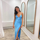 Blue Spaghetti Straps Backless Simple Satin Party Dress, DP2360