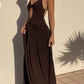 Chocolate Spaghetti Straps Backless Elegant Party Dress, DP2363