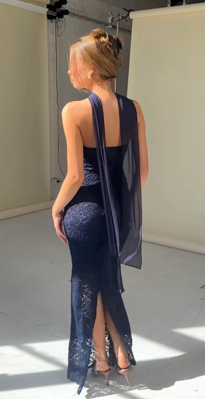Sexy Navy Blue Strapless Lace Mermaid Evening Party Dress with Slit, DP2413