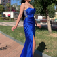 Sexy Fitted Satin Sweetheart Spaghetti Straps Ruched With Side Slit Party Prom Evening Dress,DP0280