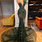 Dark Green Sequins Lace Beaded Crystals Prom Dresses Sparkly Long Sleeves Birthday Party Evening Dress,DP0295
