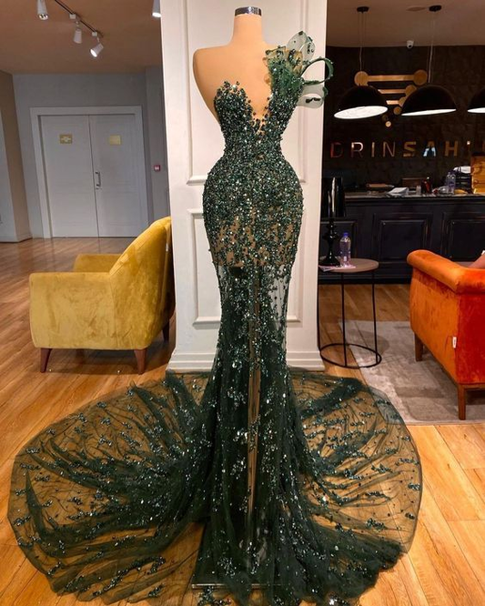Dark Green Sequins Lace Beaded Crystals Prom Dresses Sparkly Long Sleeves Birthday Party Evening Dress,DP0295