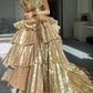 Stylish Golden Tiered Ball Gown Long Evening Party Dress,DP303
