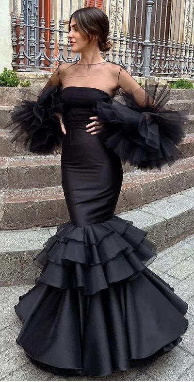 Black Charming Mermaid Tulle Ruffles Long Prom Dress Formal Party Dress,DP331