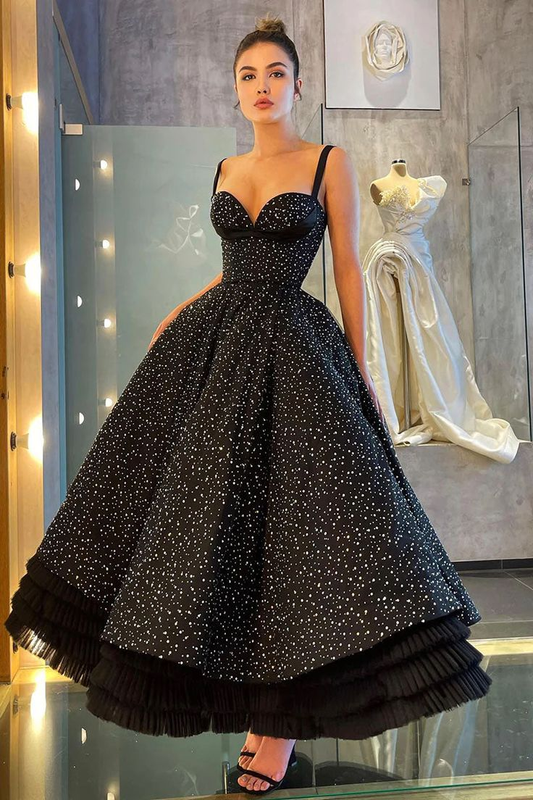 A-Line Black Ankle Length Evening Dresses Ruffles Prom Dress,DP347