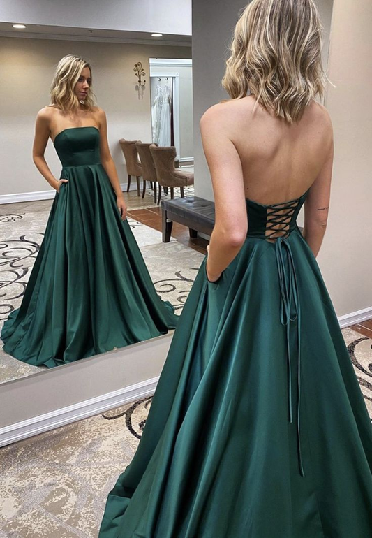 Simple Strapless Long Green Prom Dresses A-Line Evening Dresses,DP348