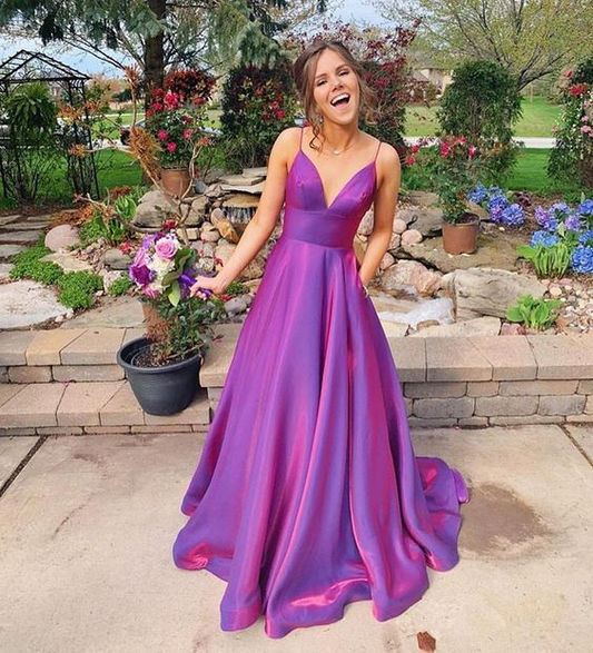 Purple Satin A-Line Prom Dress Spaghetti Straps Ball Gown,DP360