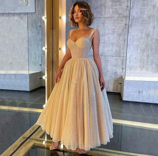 Ankle Length Sleeveless Spaghetti Strap Tulle with Glitter Sequin Ball Gown Prom Dresses ,DP383