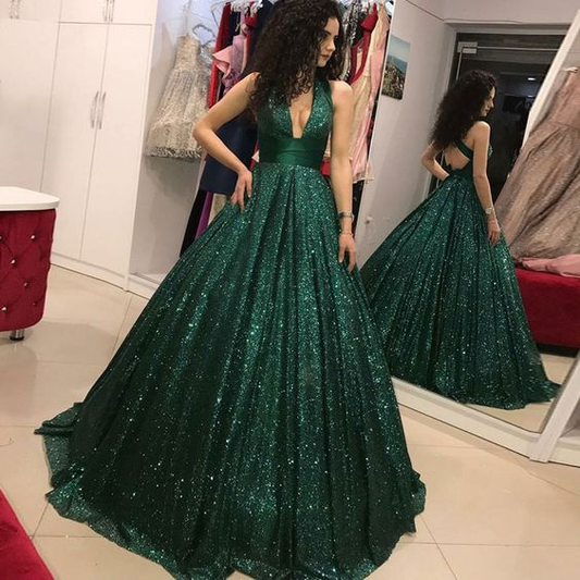 Vintage Emerald Green Deep V Neck Sequin Prom Dresses With Open Back,DP413
