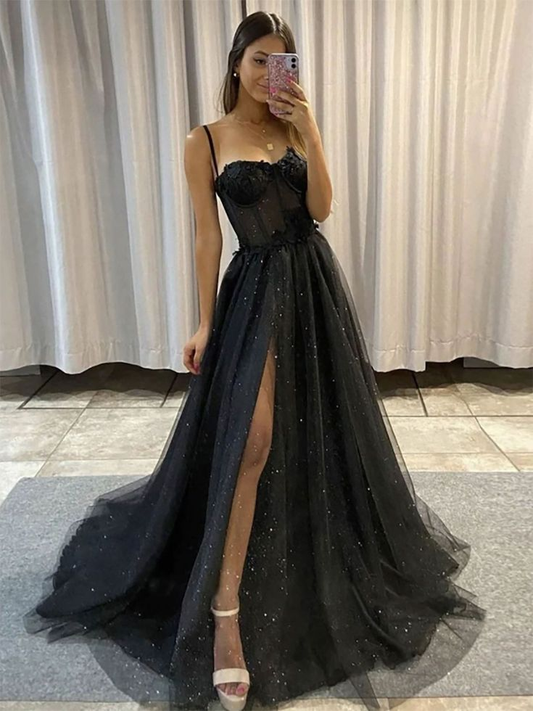 Black Vintage  A-line Long Sweetheart Galaxy Lace Tulle Prom Dress Straps Ball Gown Party Evening Dress,DP414