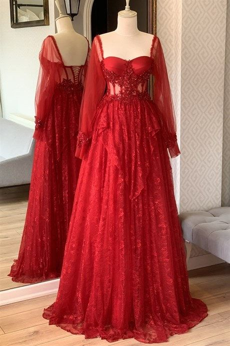 Dark Blue/Red Tulle A-Line Lace Long Prom Dress Ball Gown Wedding Guest Dress,DP419