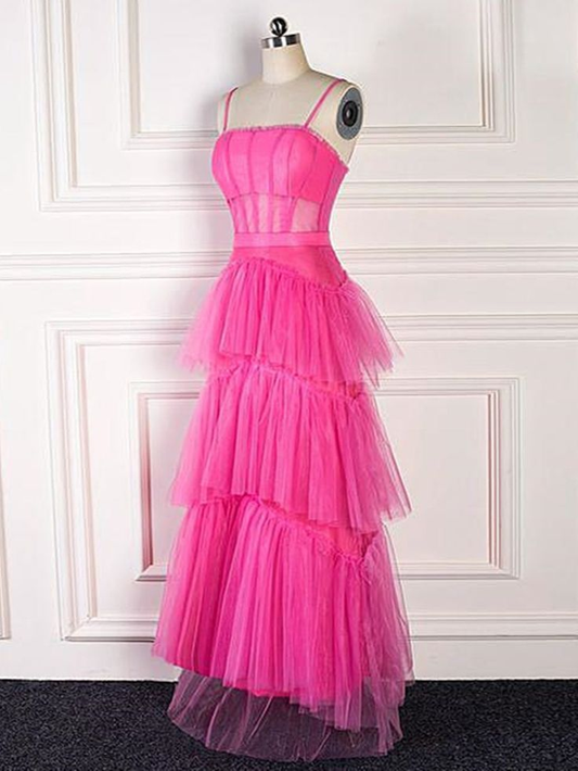 Hot Pink Spaghetti Straps Tulle Tired Prom Dress Formal Graduation Party Dresses,DP432