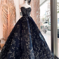 Charming Black Strapless A-Line Ball Gown Long Prom Dress with Beading and Appliques,DP437