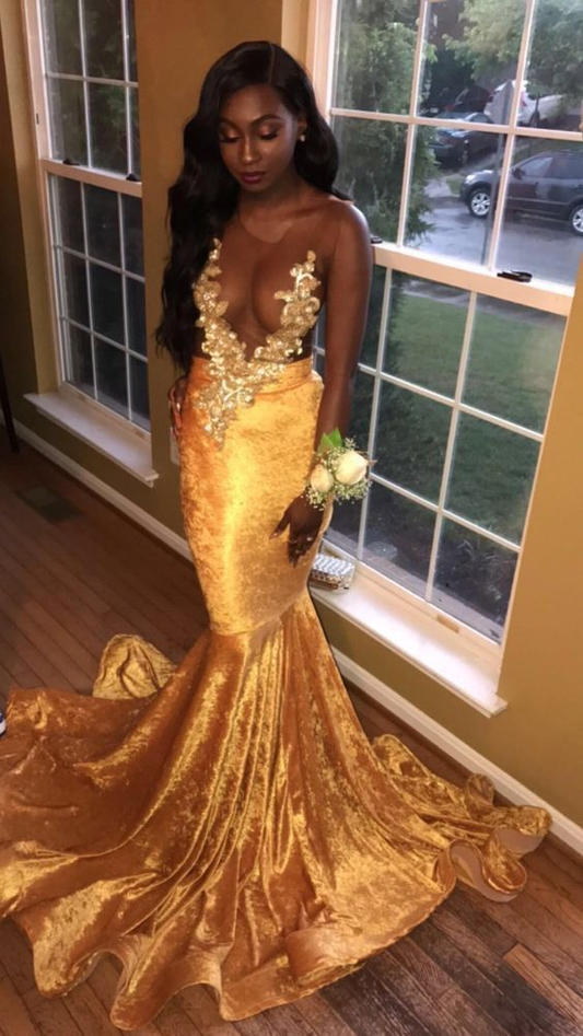 Black Girl Gold Mermaid Long Prom Dresses Formal Evening Party Dress,DP446