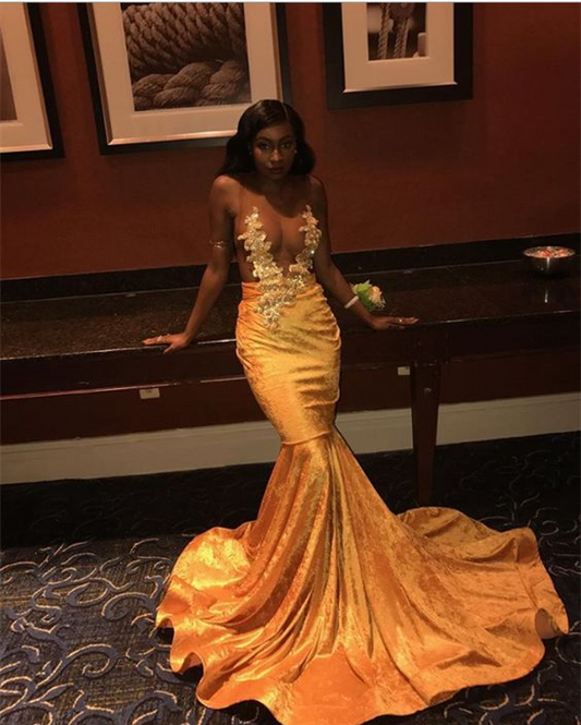 Black Girl Gold Mermaid Long Prom Dresses Formal Evening Party Dress,DP446