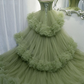 Green A-Line Elegant Straps Pleated Tiered Tulle Formal Prom Dress Ball Gown,DP449