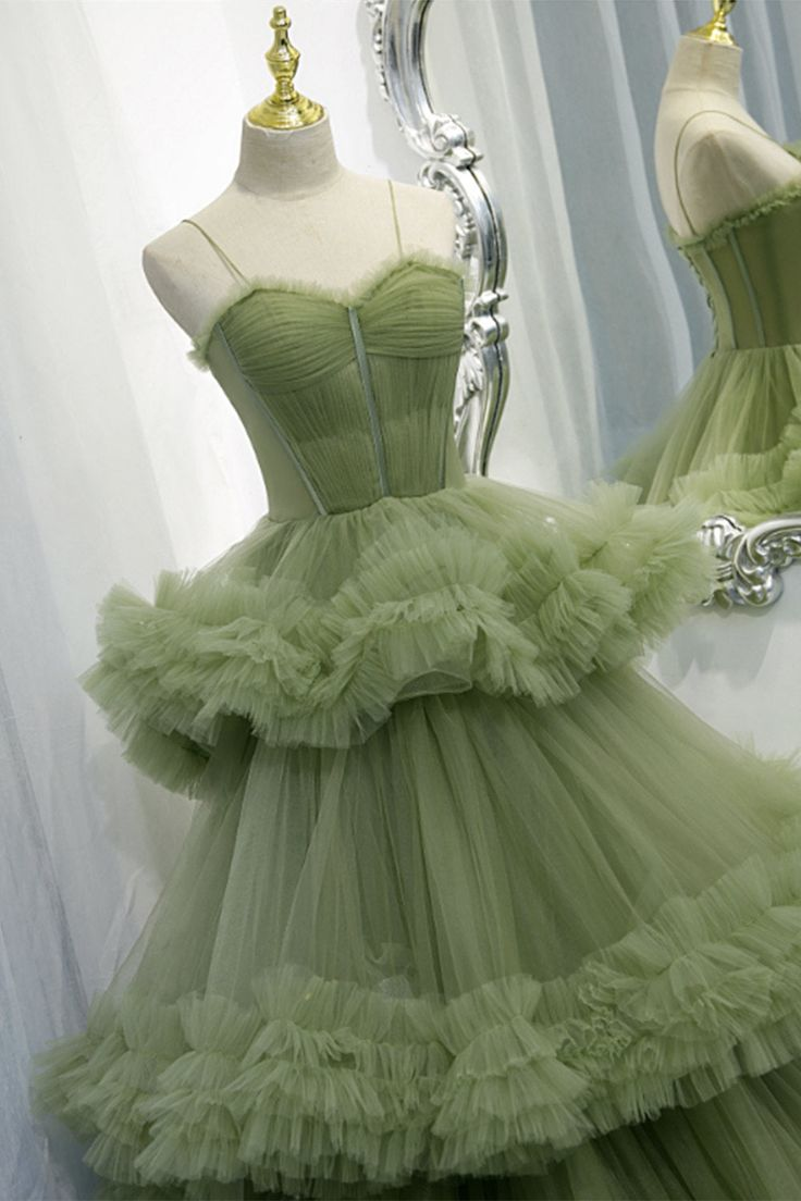 Green A-Line Elegant Straps Pleated Tiered Tulle Formal Prom Dress Ball Gown,DP449