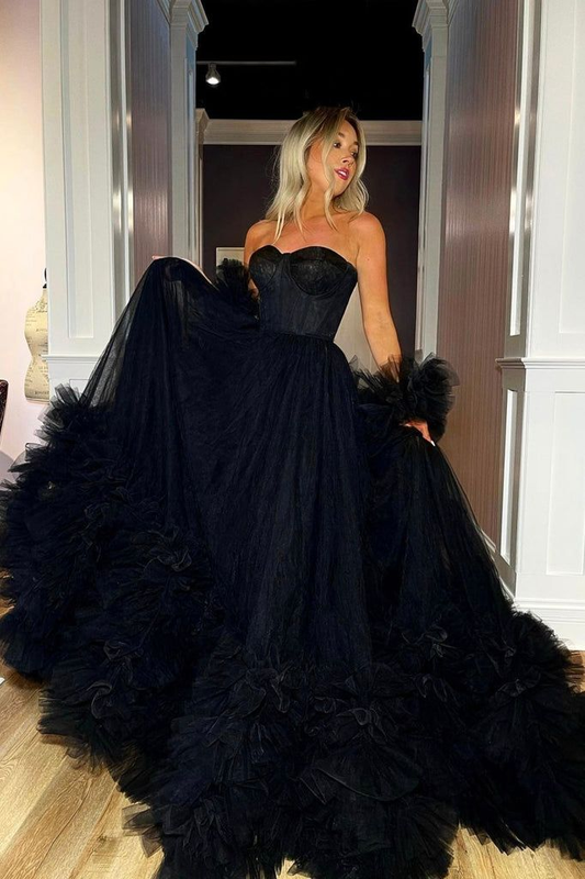 Black A-Line Strapless Tulle Long Ball Gown Evening Gown,DP451