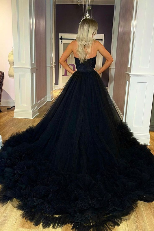 Black A-Line Strapless Tulle Long Ball Gown Evening Gown,DP451