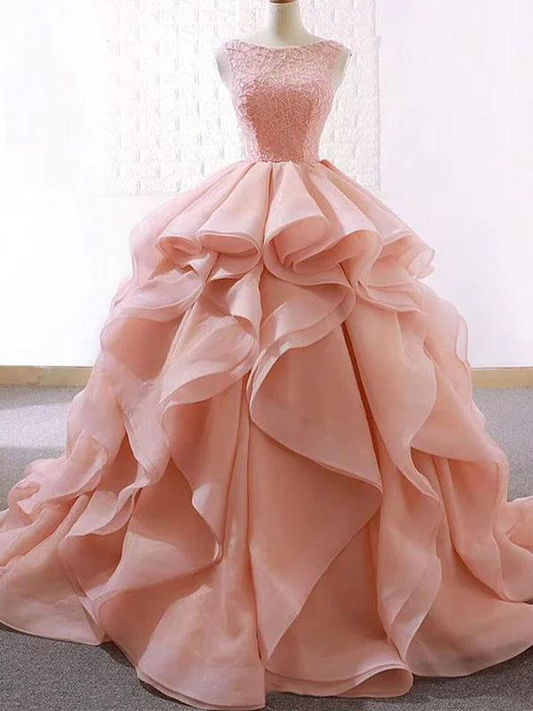 Pink Puffy Tulle Long Ruffle Prom Dress A-Line Sleeveless Party Ball Gown,DP457