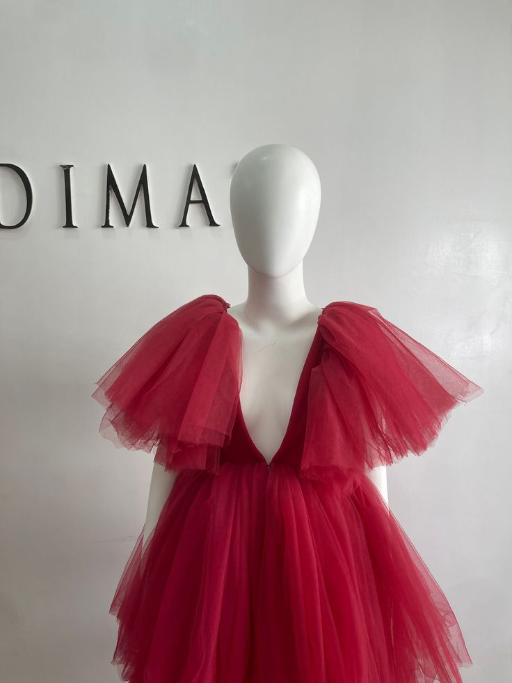 Red V Neck TulleTiered Tutu Dress Party Dress African Prom Quinceanera Dress,DP460