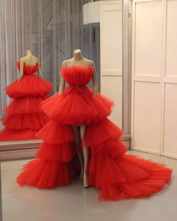 Red Strapless Tulle High-Low Ball Gown Long Prom Dress Evening Dress,DP462