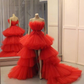 Red Strapless Tulle High-Low Ball Gown Long Prom Dress Evening Dress,DP462