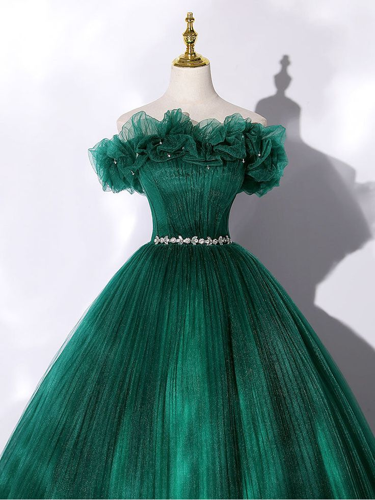 Green Tulle Off Shoulder Long Prom Dress Ball Gown Sweet 16 Dress,DP490
