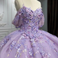 Lavender Off Shoulder Pearl Embroidered Lace with 3D Flowers Quinceanera Ball Gown Detachable Bow on Back,DP495