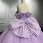 Lavender Off Shoulder Pearl Embroidered Lace with 3D Flowers Quinceanera Ball Gown Detachable Bow on Back,DP495