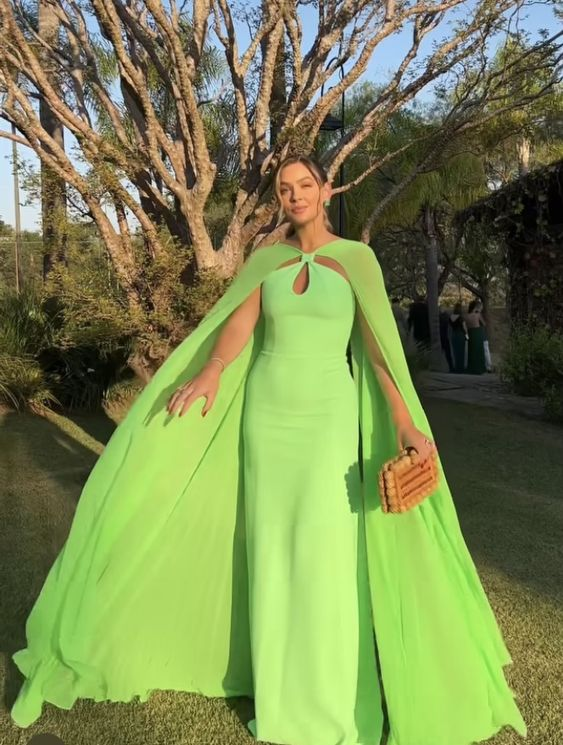 Bright Green A-Line Cape Sleeve Long Prom Dress Party Dress,DP525
