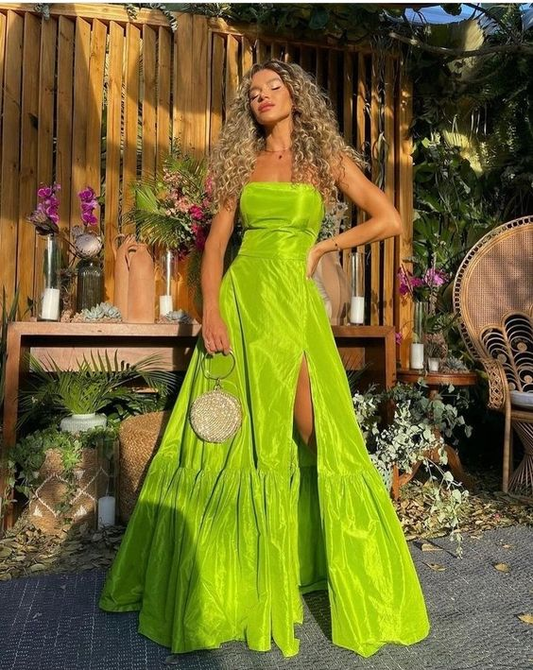 Simple Green A-Line Strapless Long Prom Dress Party Dress with Slit,DP529