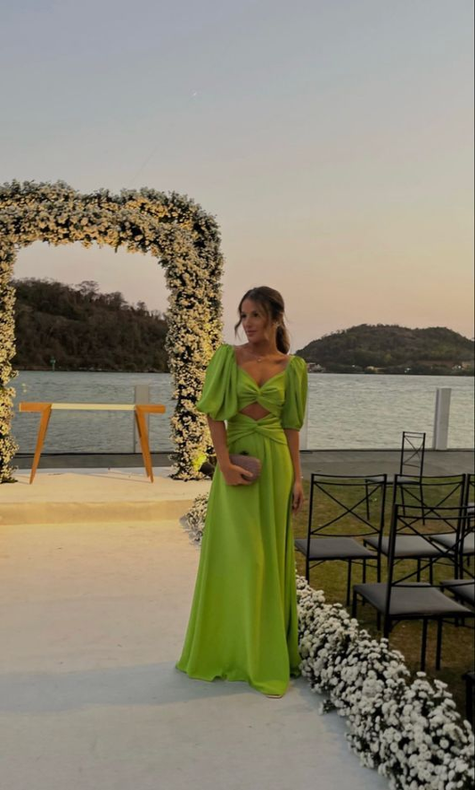 Green Half Sleeves Long Prom Dresses A-line Evening Party Dresses,DP538