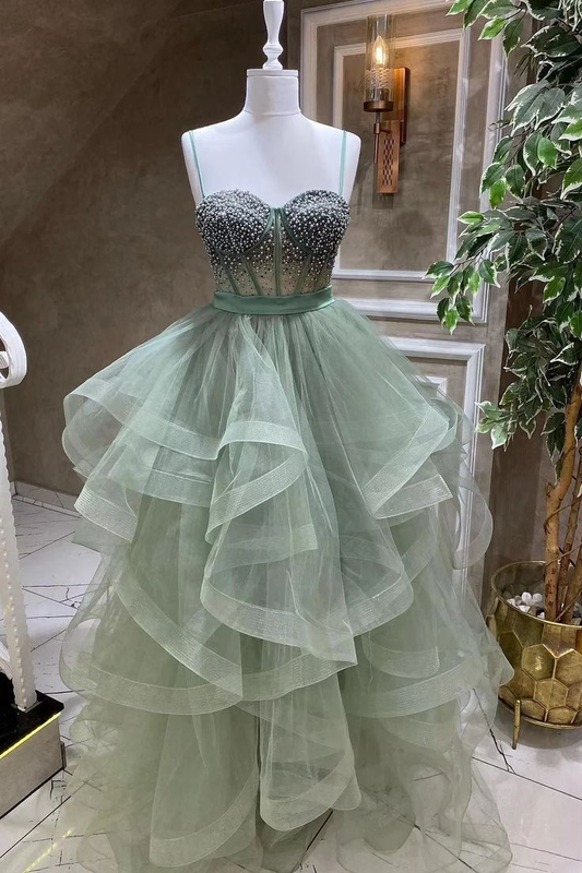 Modern Spaghetti-Straps Sweetheart Evening Party Dress Ball Gown with Tulle Beads,DP550