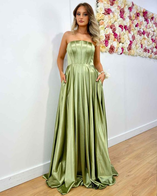 Simple Green A-Line Satin Prom Dress Evening Party Dress with Pockets,DP562