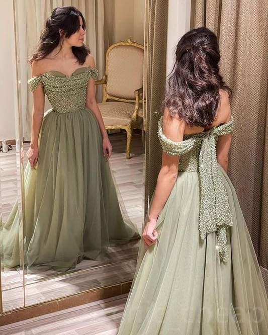 Sage Green A-line Prom Dress Sequined Lace Tulle Evening Formal Party,DP590