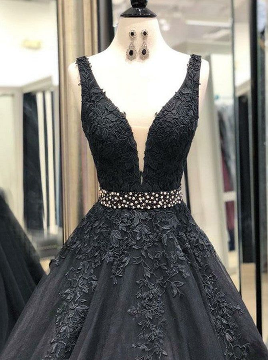 Black A-Line Deep V-neck Appliques Long Prom Dress,DP603