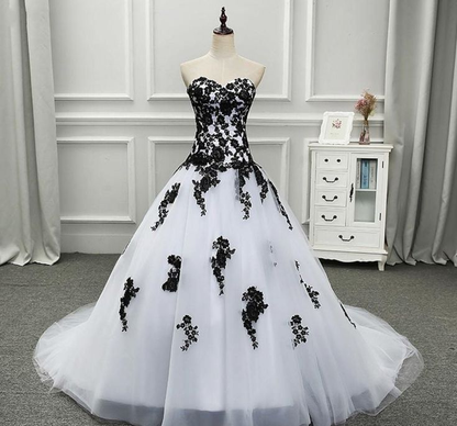 Strapless Beautiful White and Black Long Prom Dress Ball Gown Wedding Dress,DP623