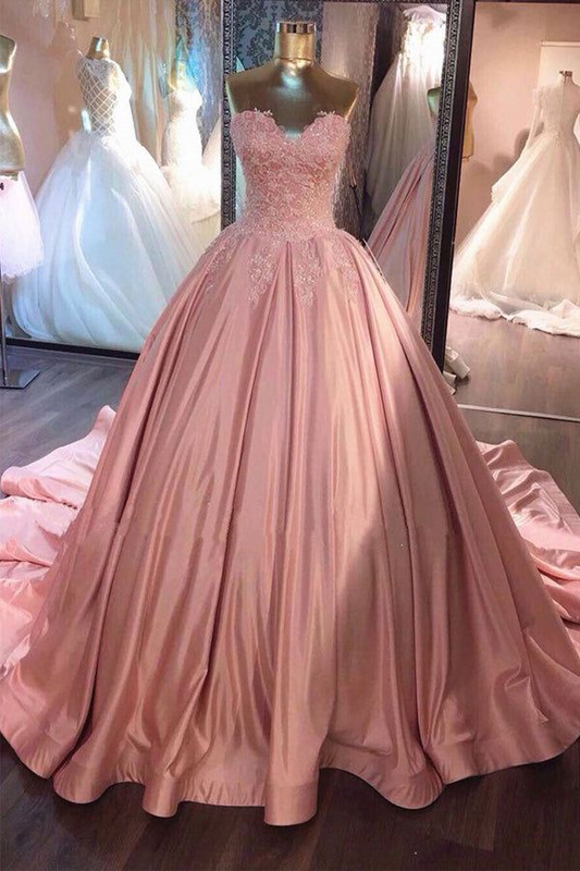 Pink Sweetheart Lace Prom Dress Formal Ball Gown With Court Train,DP625