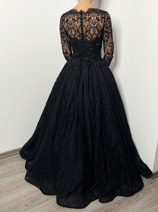 Black Gothic Embellished Beaded Lace Corset Wedding Dress Alternative Bride Sparkly Prom Dress,DP698