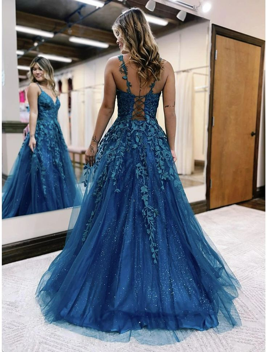 Ball Gown A-Line Prom Dresses Sleeveless Tulle Shiny Dress Formal Floor Length  with Appliques,DP706