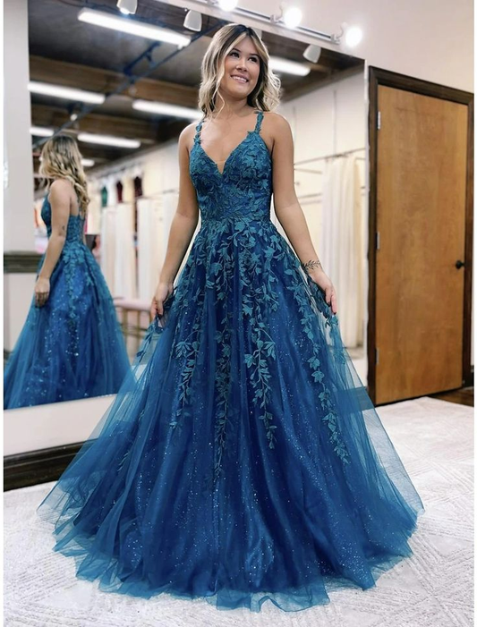 Ball Gown A-Line Prom Dresses Sleeveless Tulle Shiny Dress Formal Floor Length  with Appliques,DP706