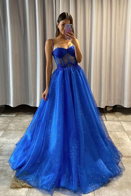 Royal Blue Tulle Lace Long Prom Dress Spaghetti Straps Evening Dress,DP707